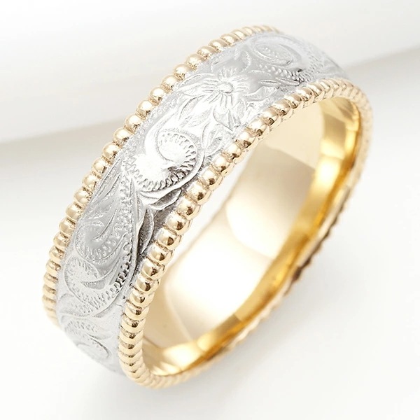 リング メンズ サージカルステンレス ハワイアンジュエリー 彫柄 スクロール プルメリア 金属アレル