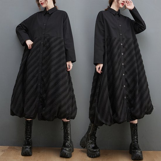 【取寄：納期2週間】ロングシャツワンピース レディース 長袖ワンピース シャツワンピ ロング丈 フロントボタン 襟あり ブラック 黒 ストライプ 春秋 コットン 綿 ゆったり 体型カバー カジュアル