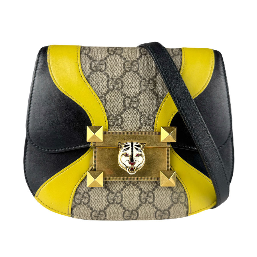グッチ GUCCI ショルダーバッグ タイガーヘッド GGスプリームキャンバス/レザー ブラック×イエロー×ブラウン レディース 500781 z8228