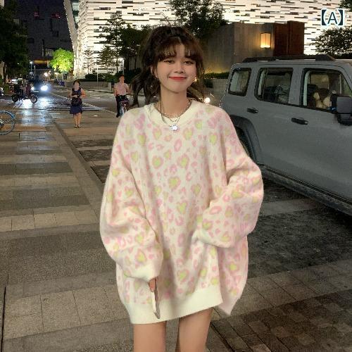 ニット レディース トップス 秋 長袖 オーバーサイズ 甘い プルオーバー セーター 女性 冬 韓国 ミドル丈 ハート