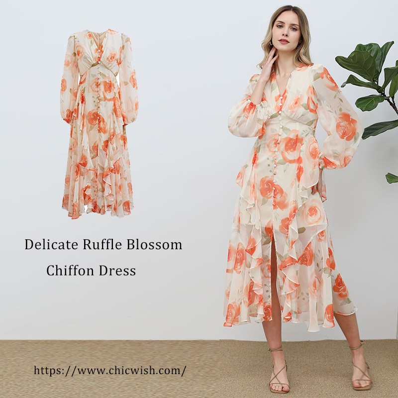 Vネック花柄プリントフリルシフォンワンピース