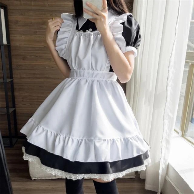 メイド服 ロリィタ ロリータ ワンピース コスチューム 飾り付き 文化祭 学園祭 メイドカフェ Lolita コスプレ衣装 アニメ 可愛い ブラック オーバーサイズ