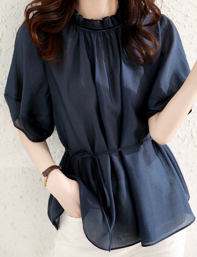 レディース トップス シャツ プルオーバー 5分袖 ボリューム袖 パフスリーブ ハイネック ペプラム シフォン ウエストマーク ウエストリボン 透け感 切り替えデザイン 薄手 大人可愛い きれいめ