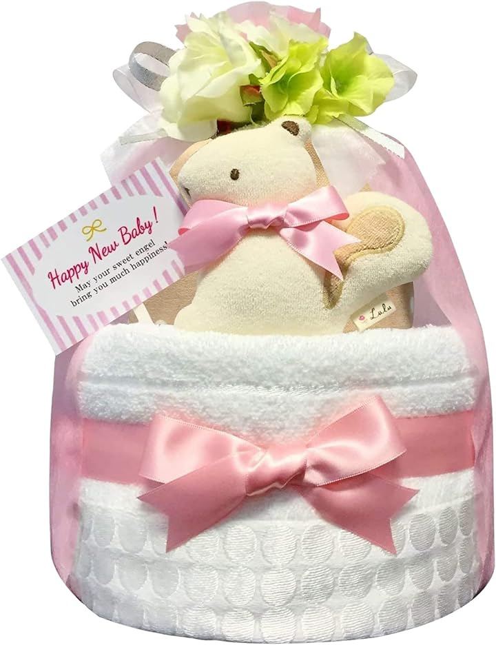おむつケーキ 女の子 今治 オーガニック 出産祝い 2段 (ピンク, Sサイズ (x 22))
