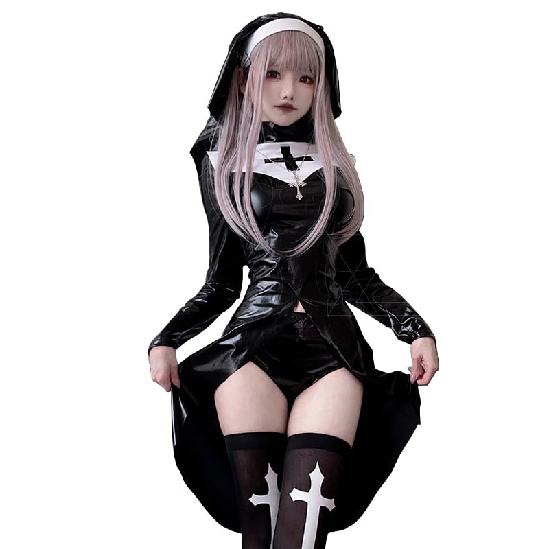 シスター コスプレ ハロウィン 仮装 修道女 5点セット ハロウィンコスチューム 制服 クルス 可愛い セクシー 演出服 撮影 CXH528 (M, ブラック) 94266