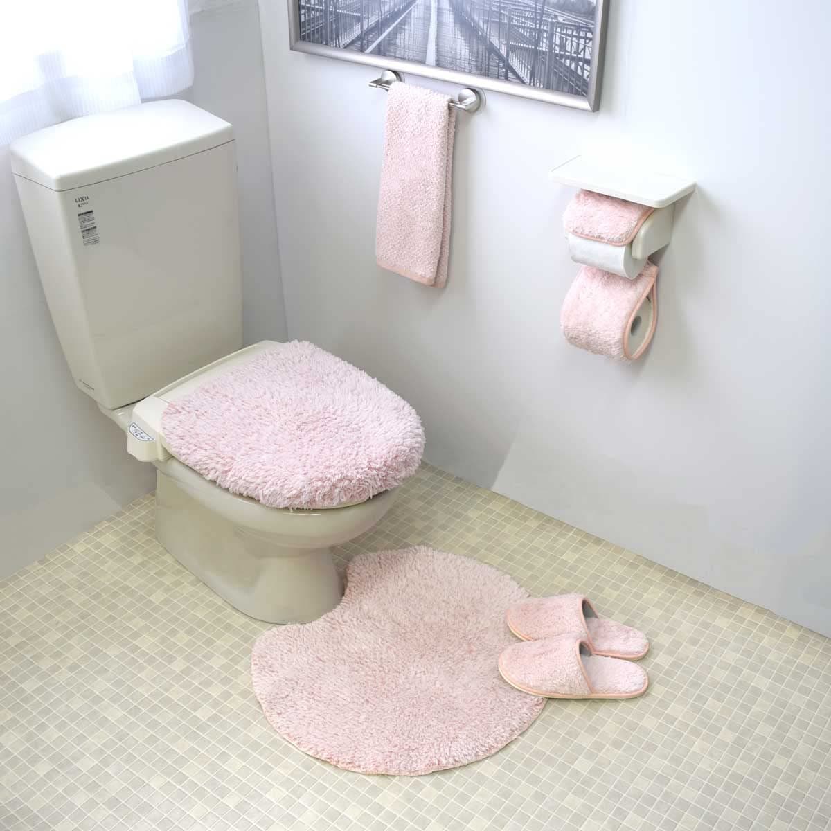 San-Luna トイレタリー 5点セット「マシュマロ」ピンク 洗える 日本製 トイレマット 55cm × 60cm トイレふたカバー スリッパ トイレットペーパーホルダー フェイスタオル 吸水 速乾