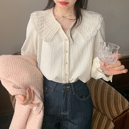トップス レディース シャツ ブラウス XS S M L 韓国 長袖 襟付き ビッグカラー かわいい 大人可愛い きれいめ 上品 エレガント 清楚 フェミニン おしゃれ お洒落 綺麗 お嬢様 こなれ感