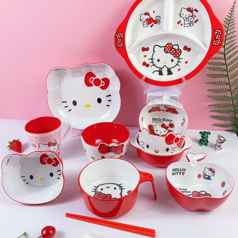 【メガ割】ハローキティ食品級食器耐落下防止ボウルスプーンセットかわいいアニメ分格補助ボウル皿