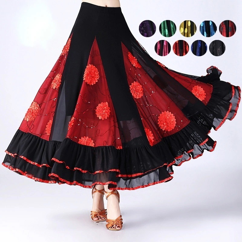 社交ダンス スカート 花フリル ロング丈 広がる エレガント モダンダンス マキシスカート 女性 レディース パソドプレ ラテン タンゴ 練習用 演奏会 舞台衣装 コーラス フラメンコ　楽天海外通販