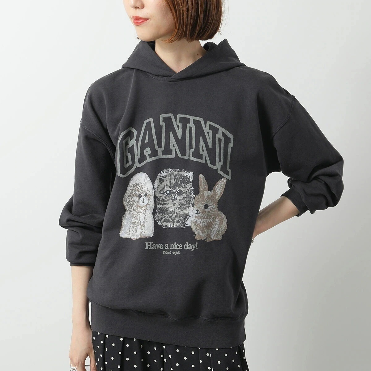 GANNI ガニー パーカー Isoli Oversize Animals Crop Hoodie T4270 レディース フーディー アニマル オーバーサイズ スウェット プルオーバー 252/Ph