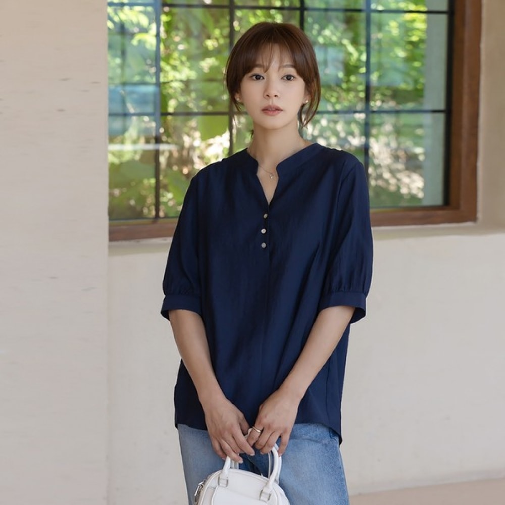 (Elysia) ビロハーフオープンボタン半袖ブラウス