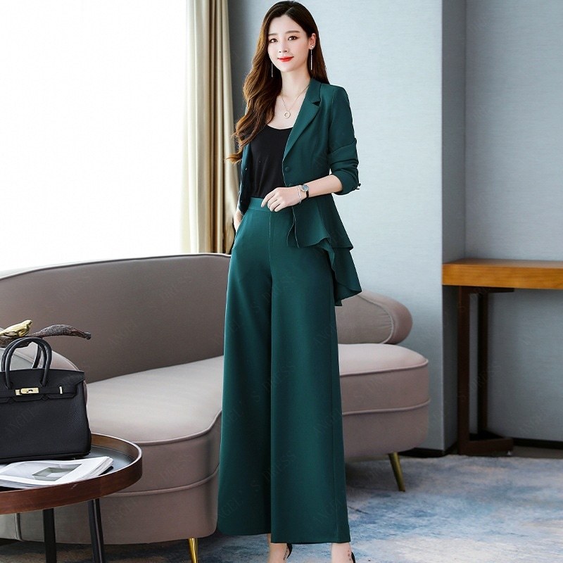 パンツスーツ セットアップ フリル ワイドパンツ ビジネススーツ 2点セット フォーマル 洗える 着痩せ レディース 入学式 卒園式 入園式 通勤 OL-83