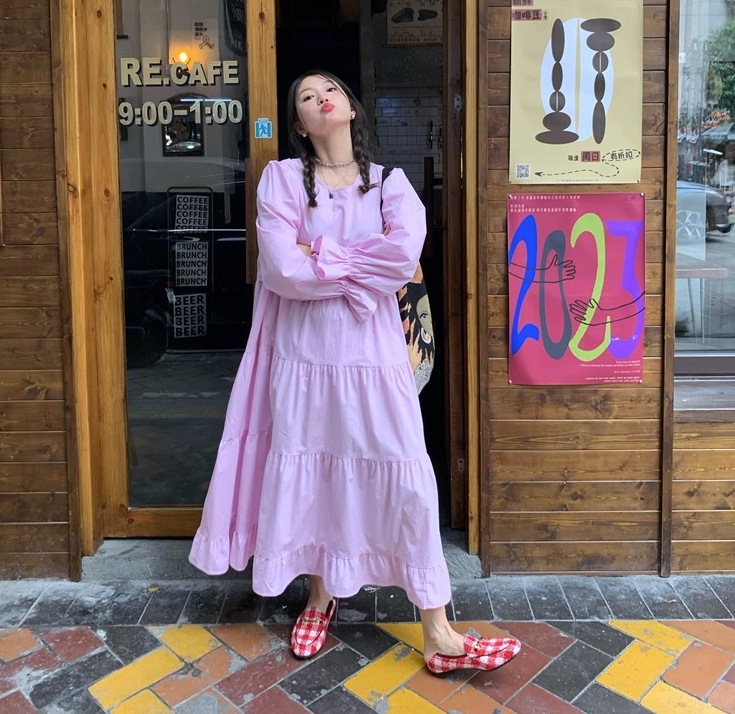 ワンピース プルオーバー ワンピドレス ロング ロング丈 袖あり 長袖 パフスリーブ ラウンドネック Aライン フリル かわいい シンプル レトロ こなれ感 ラブリー キュート ガーリー ルーズ 9,533円