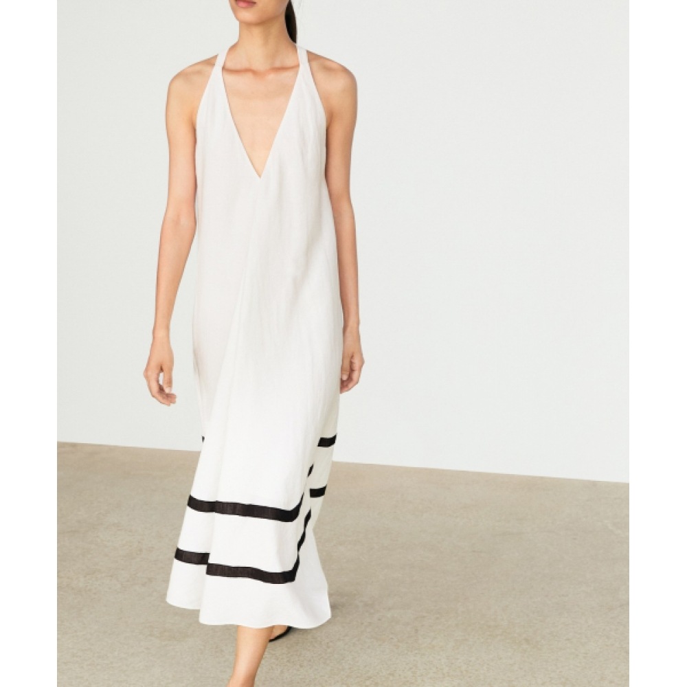 MASSIMO DUTTI コントラストラインリネンブレンドミディドレス