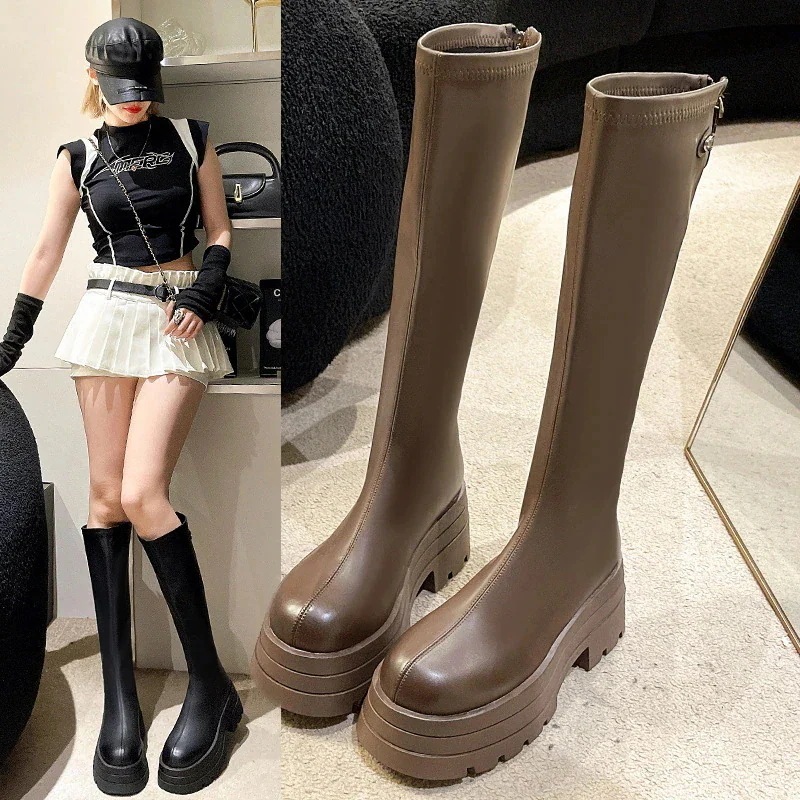 でロングブーツが復活ファッション ロングブーツ 厚底ブーツ レディース 靴 ローヒール 美脚効果 ゆったり 着痩せ ロングブーツ