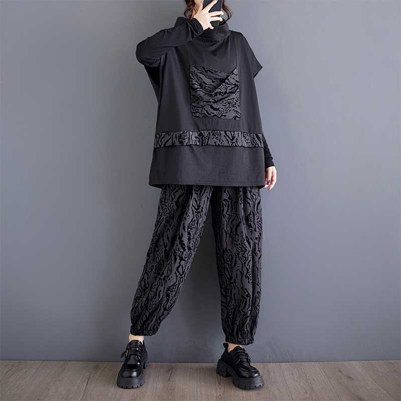 「ファットガール」 2024秋新品 上下セット スタンド襟 半袖＋サルエルパンツ 体型カバー レディース セットアップ メガ割30%制限