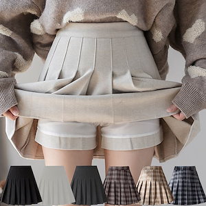 スカートレイヤード可愛い秋冬韓国ファッション レディース ウール混無地 チェック