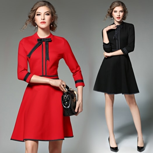 2色スタイリッシュ ステッチ風トリムワンピース ショート Aライン バイカラー 七分丈 お呼ばれ