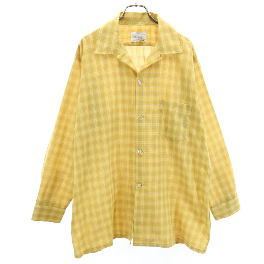 アロー 60s 開襟 オープンカラー ヴィンテージ ボックスシルエット チェック柄 長袖 オープンカラーシャツ L マスタード 他 ARROW ビッグサイズ メンズ