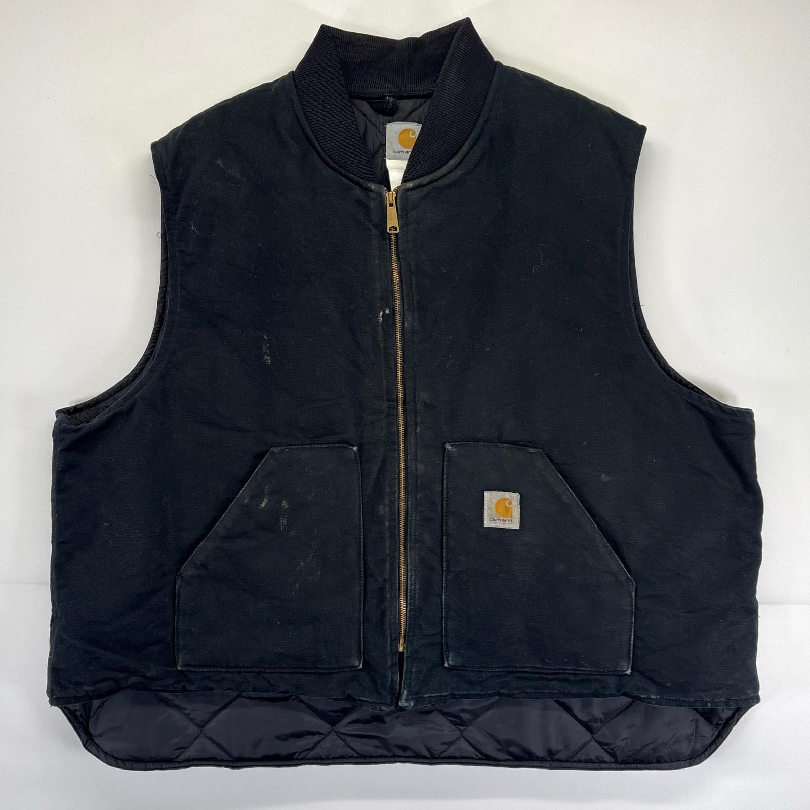 古着 ベスト 大きいサイズ ダック地 中綿 フルジップ ワンポイントロゴ刺繍 4XL ブラック メンズ