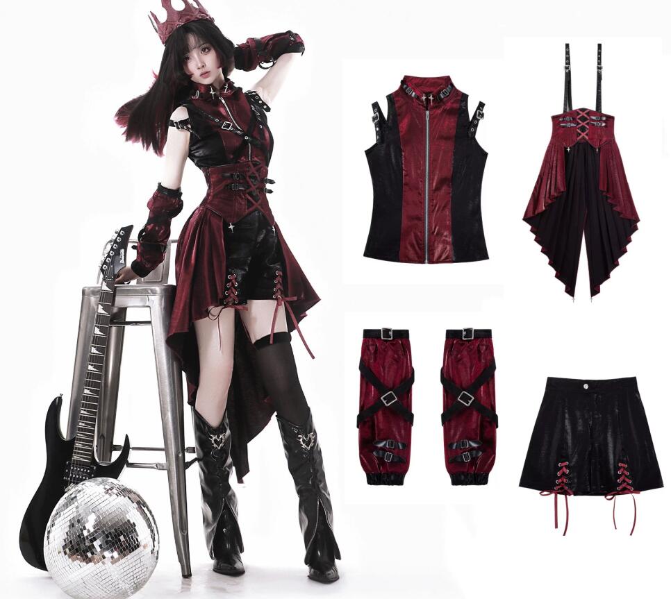 レディース ハロウィン コスプレ衣装 ゴシック 暗黒風 コスチューム 女性 大人 魔女 悪魔 変身仮装 燕尾裾 サロペットドレス トップス＋ドレス＋半ズボン＋グローブ 4点セット