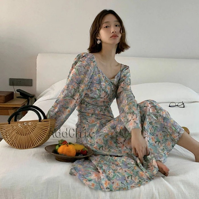 ワンピース 春 花柄 ロング 長袖 レディース Vネック aライン ハイウエスト ガーリー 着痩せ エレガント フェミニン カジュアル きれいめ 可愛い おしゃれ 出かけ 通学 通勤 旅行 食事会 女 5,688円