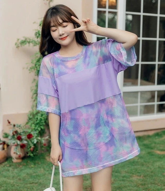 水着 レディース タンキニ 3点セット 大きいサイズ 3L 4L 5L 6L 体型カバー カバーアップ Tシャツ メッシュTシャツ 露出控えめ 可愛い ぽっちゃり 黒 セパレート水着 ビーチ リ