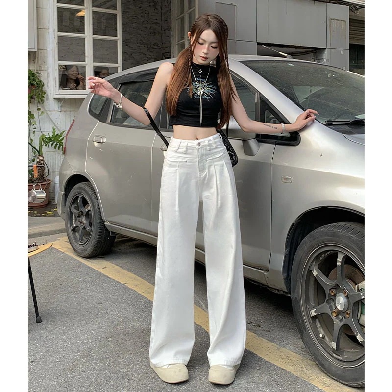 ホワイト ハイウェスト ワイドパンツ レディース デニムボトムス 春夏 ゆったり 着痩 せ ギャザー デザイン感 モップパンツ