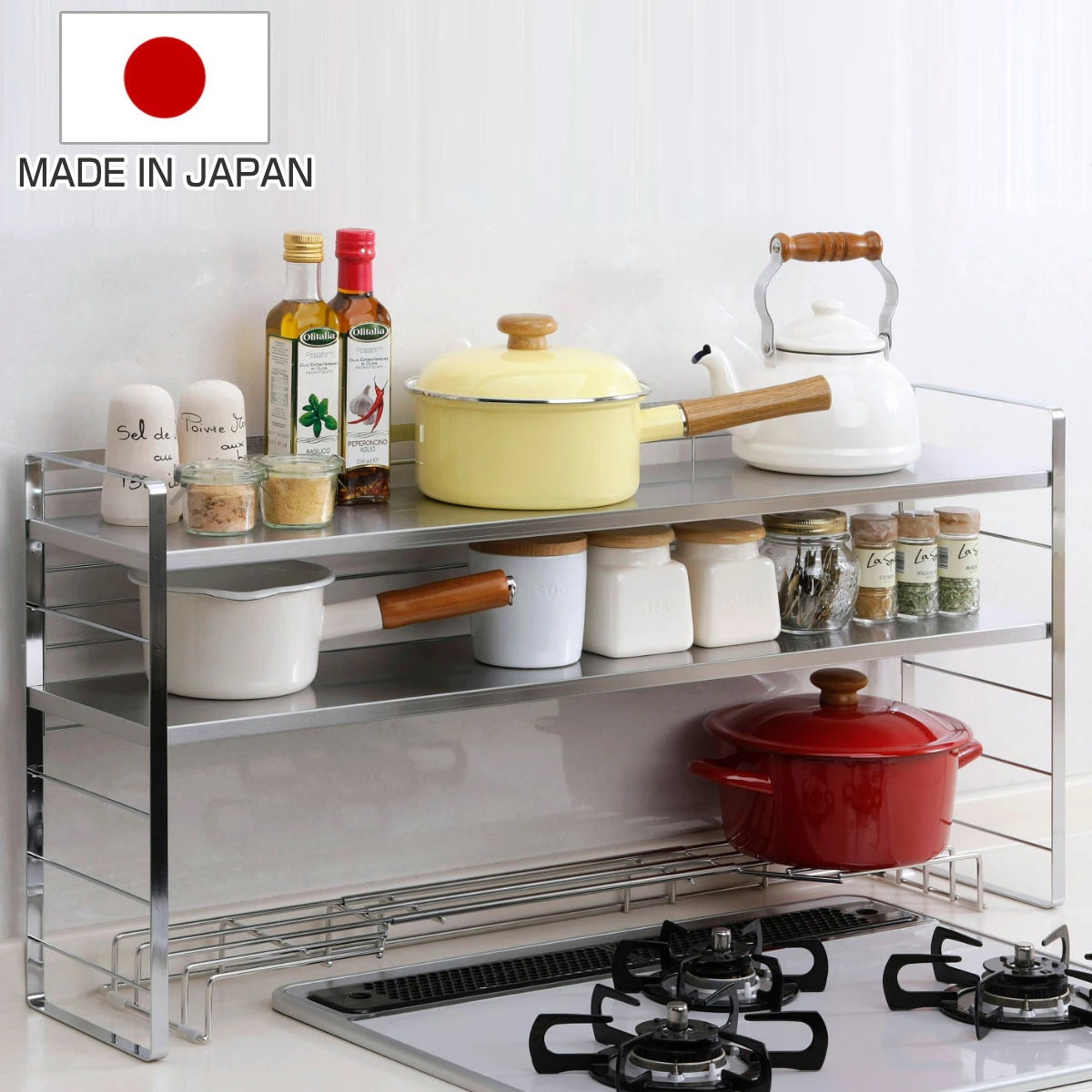 キッチンラック ステンレス棚の出窓シェルフ 幅88cm 日本製 コンロ奥ラック コンロサイドラック キッチン収納 キッチン 収納 スパイスラック 調味料ラック 調味料収納 コンロ周り