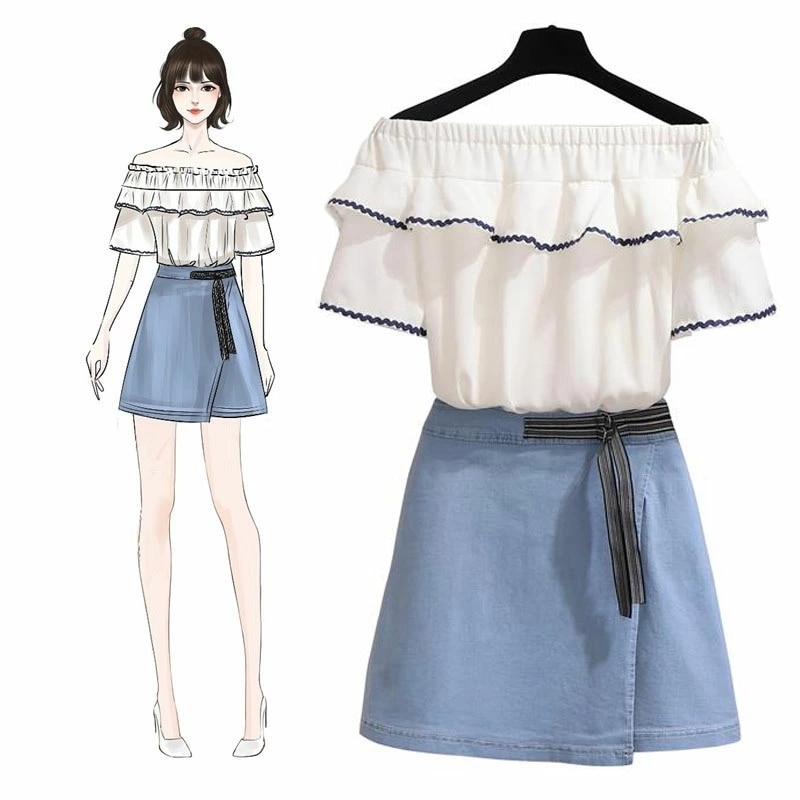 セットアップ 2XL即納他予約 S-4XL ぽっちゃり 大きいサイズ 半袖シャツ + デニムスカート DT0067 2点セット 白 水色 10代 20代 ミニスカート フリル オフショルダー ツーピー
