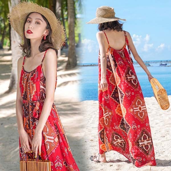 ハワイ リゾートワンピース マキシ丈 選べる丈 背中開け ノースリーブ 民族風 体型カバー 総柄 夏ワンピ ロングワンピース 沖縄 海外旅行 赤 レディース マキシワンピース おしゃれ 大人可愛い d