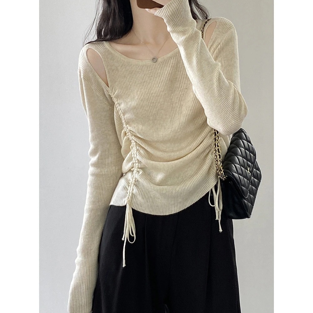 秋作おしゃれ透かし彫り気質トップスアウター長袖ラウンドネックニットセーターベーシックニット