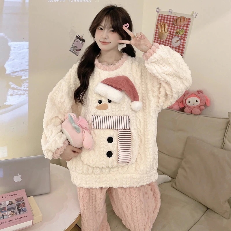 女性用コーラルベルベットパジャマ厚みベルベット漫画かわいいスタイルホーム服暖かいラウンドネックスーツ 【メガ割】