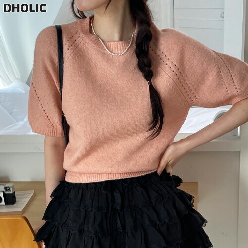 ラウンドネックパフスリーブルーズ半袖セミクロップドニット・1955139