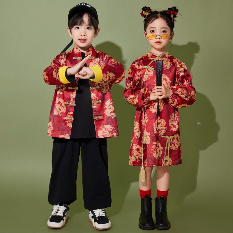 お子様中国語スタイルのパフォーマンスコスチューム男の子と女の子ハンフお祝い小学校スポーツゲーム開会式カルスパフォーマンス