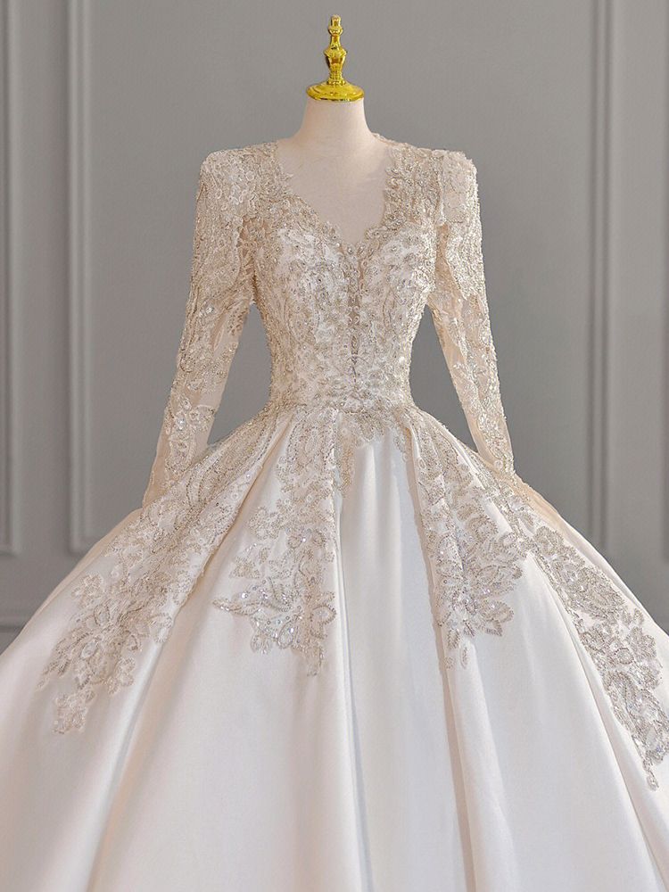 2025夏長袖サテンウェディングドレスブライダルメイン糸小さな重工業ハイエンドテクスチャラージテール