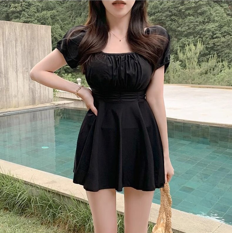 水着 スイムウェア レディース ギャザー 胸元ギャザー フロントギャザー ワンピース 体型カバー パッド付き 二の腕カバー 半袖 パフスリーブ スクエアネック ハイウエスト かわいい 大人可愛い