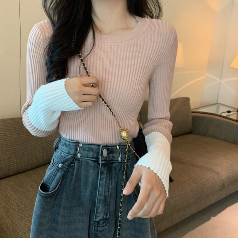 4color セーター ニット バイカラー 長袖 ラウンドネック 大人可愛い 上品 89 5,083円