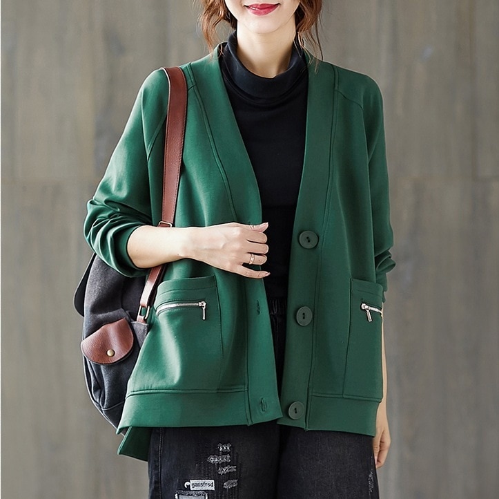 オーバサイズカーディガン ルーズシルエット カジュアルカーディガン トップス アウター カーディガン 上着 袖あり 長袖 ボリューム袖 Vネック ストレート ワイド Iライン ファスナー ポケット