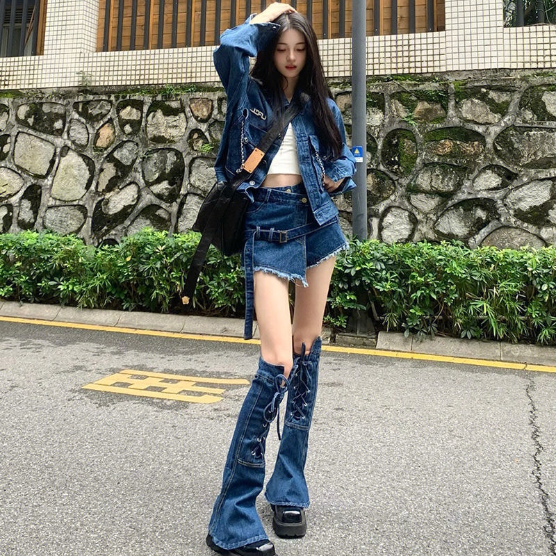 韓国ファッションギャルデニムパンツデニムスーツ女2025年新作レトロなストリートデザイン感デニムジャケットデニム3点セット