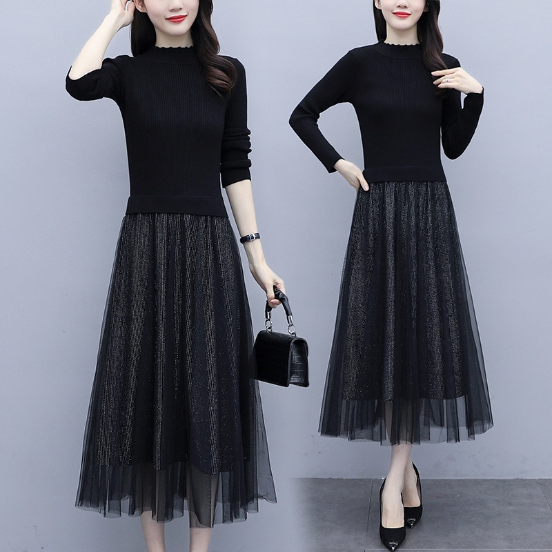 ワンピース チュールスカート 膝下 ミモレ ミモレ丈 長袖 ハイネック スリム ペプラム ギャザー チュール 透け感 伸縮性 ウエストゴム ローウエスト かわいい 大人可愛い きれいめ シンプル