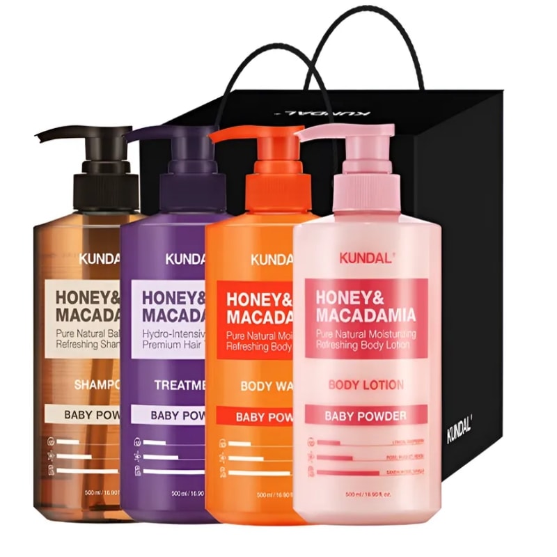 シャンプー 500ml＋トリートメント 500ml＋ボディウォッシュ 500ml＋ボディローション 500ml 4点ギフトセット C（ベビーパウダー）＋ショッピングバッグ（ブラック）1セット
