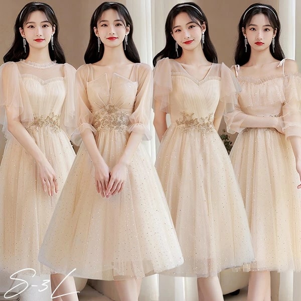 ブライズメイド ドレス ミモレ丈 シャンパン 袖付き 二次会 大きいサイズ 結婚式 体型カバー 半袖 フリル オフショルダー 謝恩会 二次会 卒業式 花嫁 ピアノ 発表会 ドレス 演奏会 20代 bi