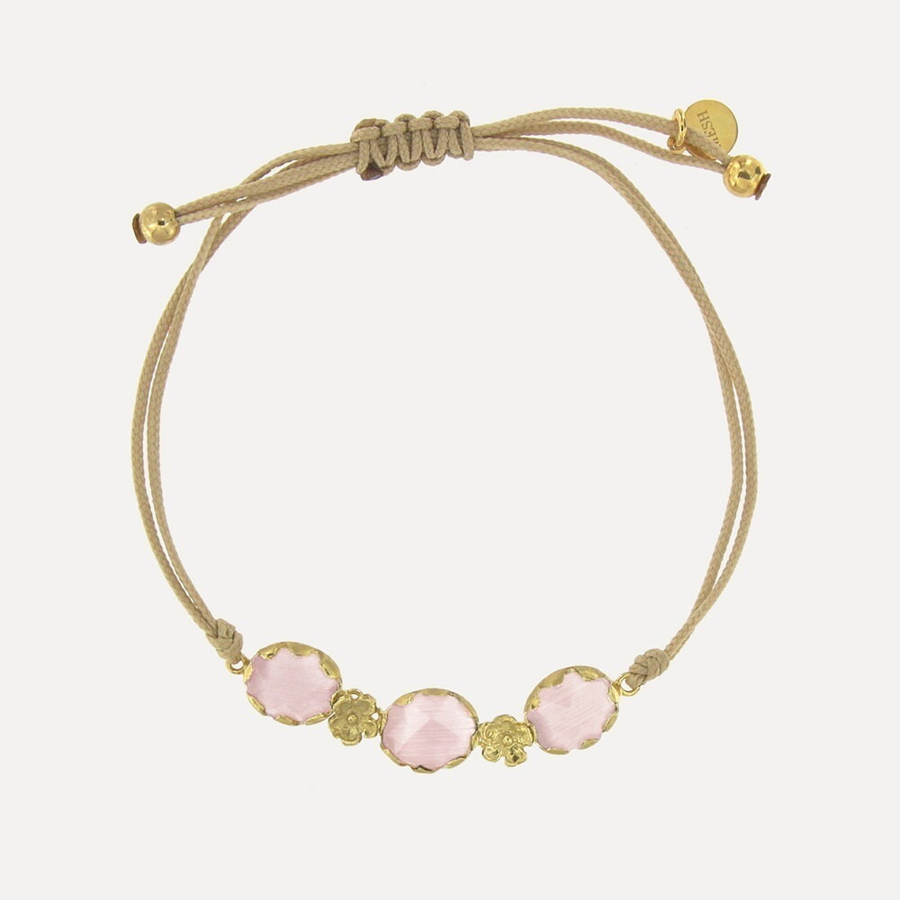 MESH ストーン＆フラワーブレスレット【ピンク】シルバー925 18Kゴールドコート Gold Bracelet ギフトBOX入り ジュエリークロス付き ハンドメイド ポルト