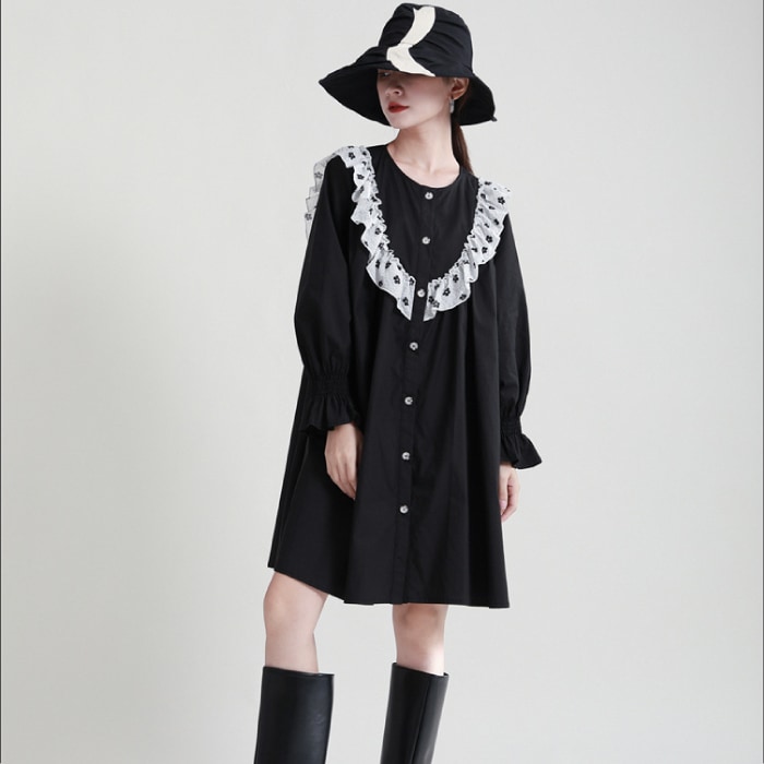 秋冬新作花柄フリルデザインひざ丈ワンピースma011