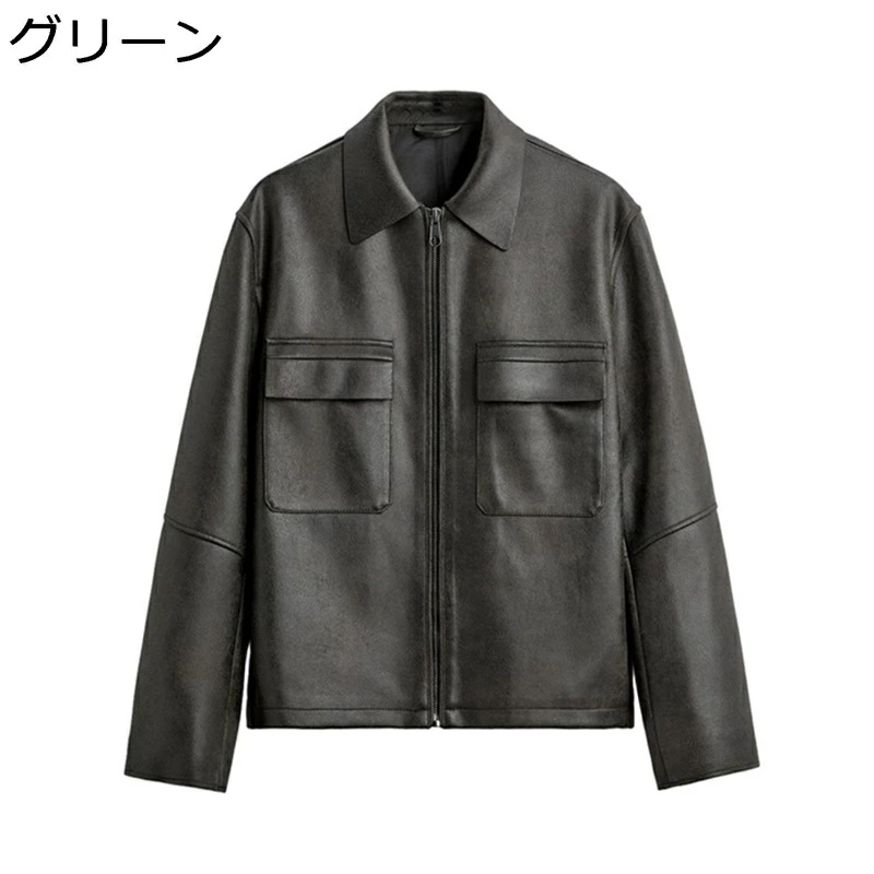 PU革ジャン メンズ ジャンパー レザージャケット PU革袖 スリム 防風 防水 開襟 胸ポケット ビジネス カジュアル ブルゾン アウター 革ジャンパー