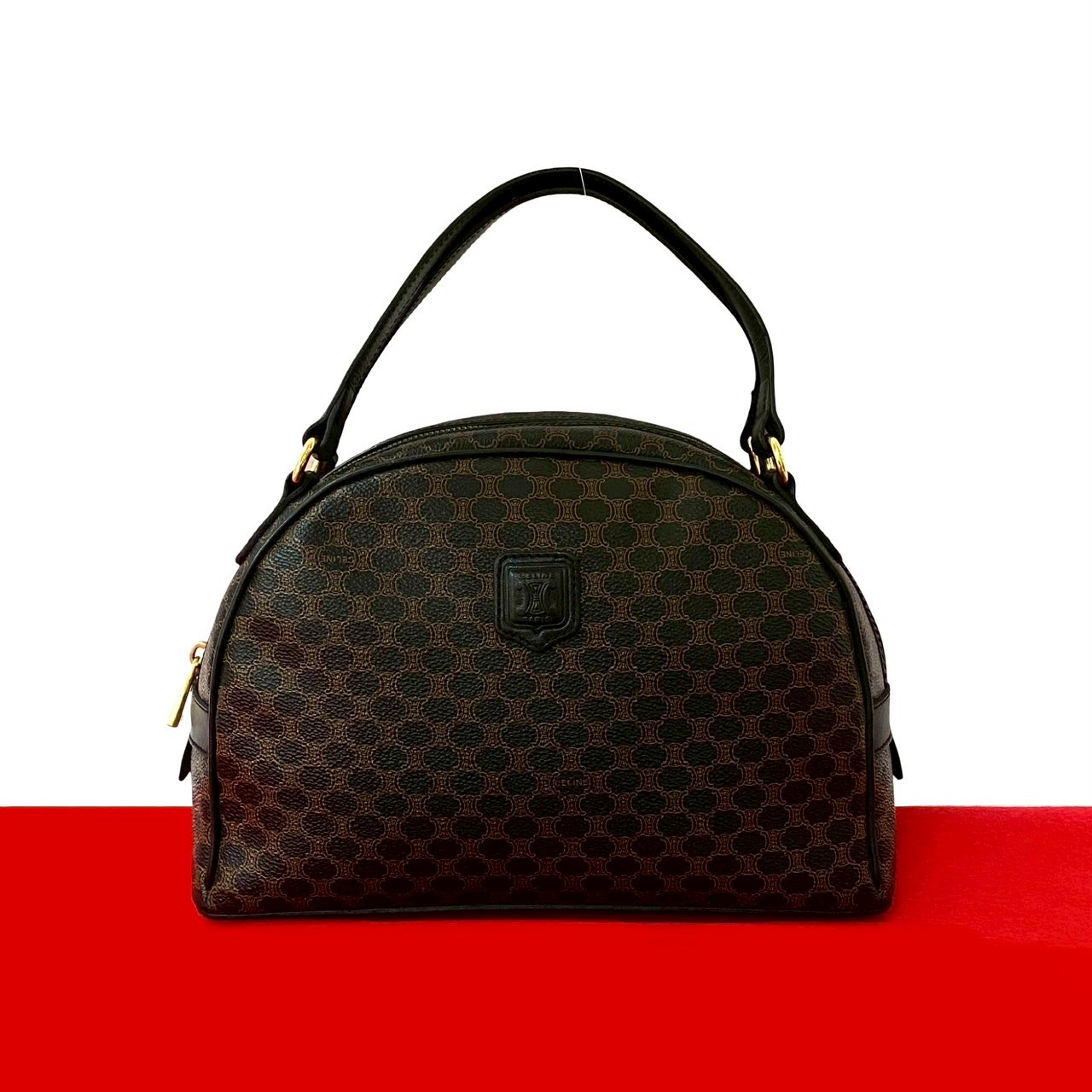 ヴィンテージ マカダム ブラゾン 柄 トリオンフ ロゴハンドバッグ レザー PVC ブラック a61-4