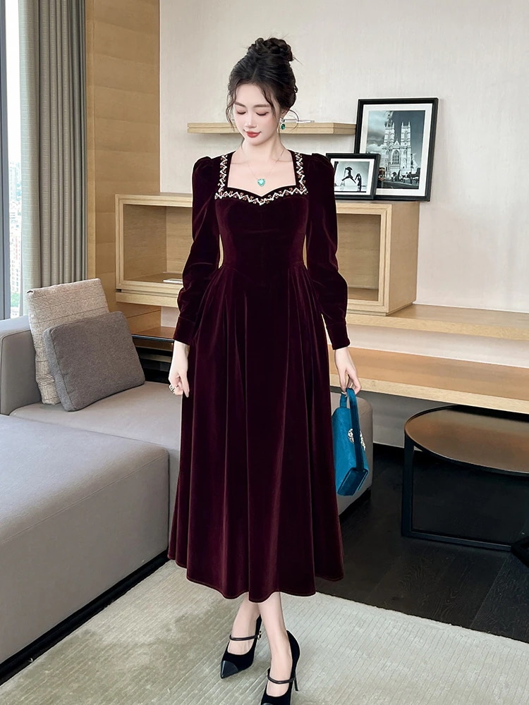 秋冬 ファッション長袖 ドレス ベルベット ロングワンピース レッド 結婚式 キャバ 卒業式 結婚式 ウェディング 二次会 パーティードレス ワンピース