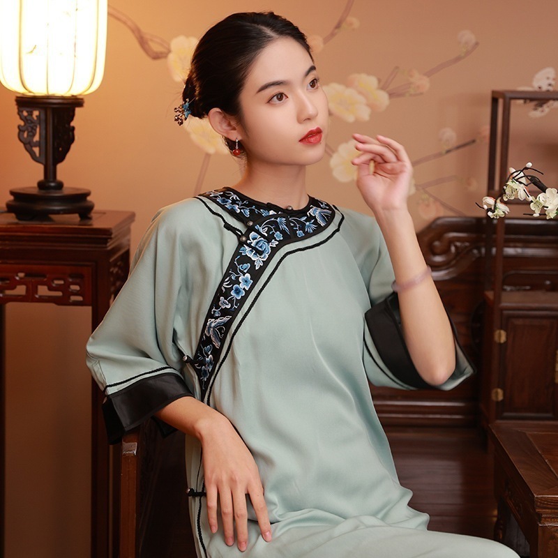 中華民国風逆さ大袖チャイナドレス復古文芸チャイナ女性斜め胸気質改良チャイナドレス婦人服2025春夏 母の日 母の日-0006955