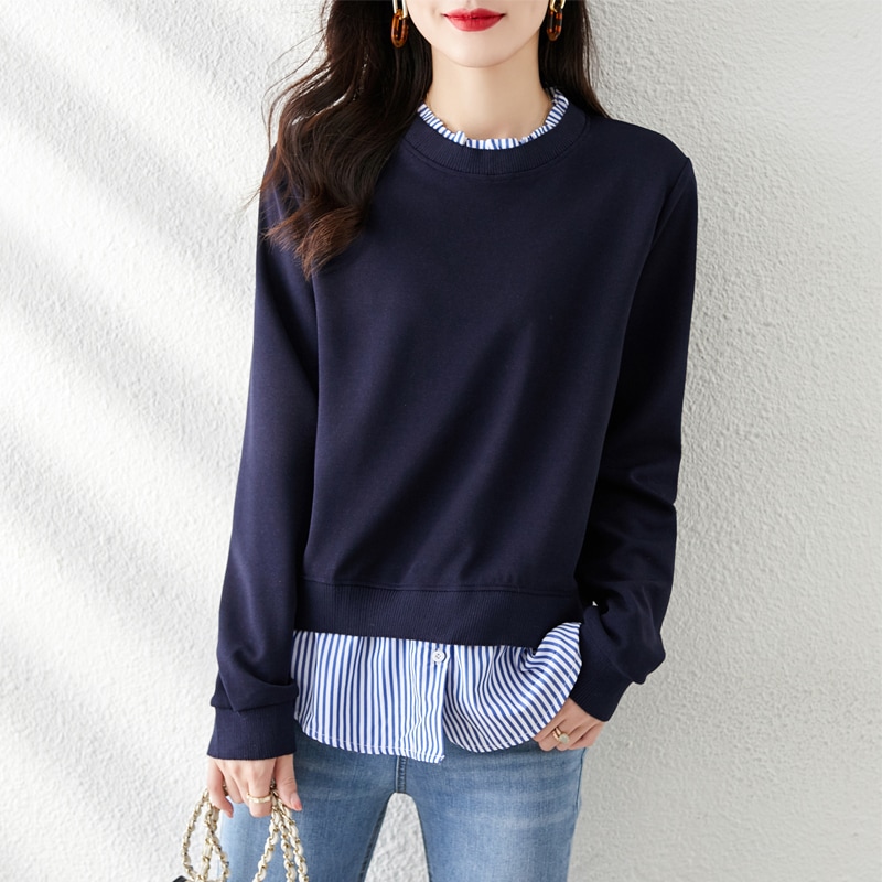 重ね着風 フェイクレイヤード トップス セーター ニットソー プルオーバー ミディアム丈 長袖